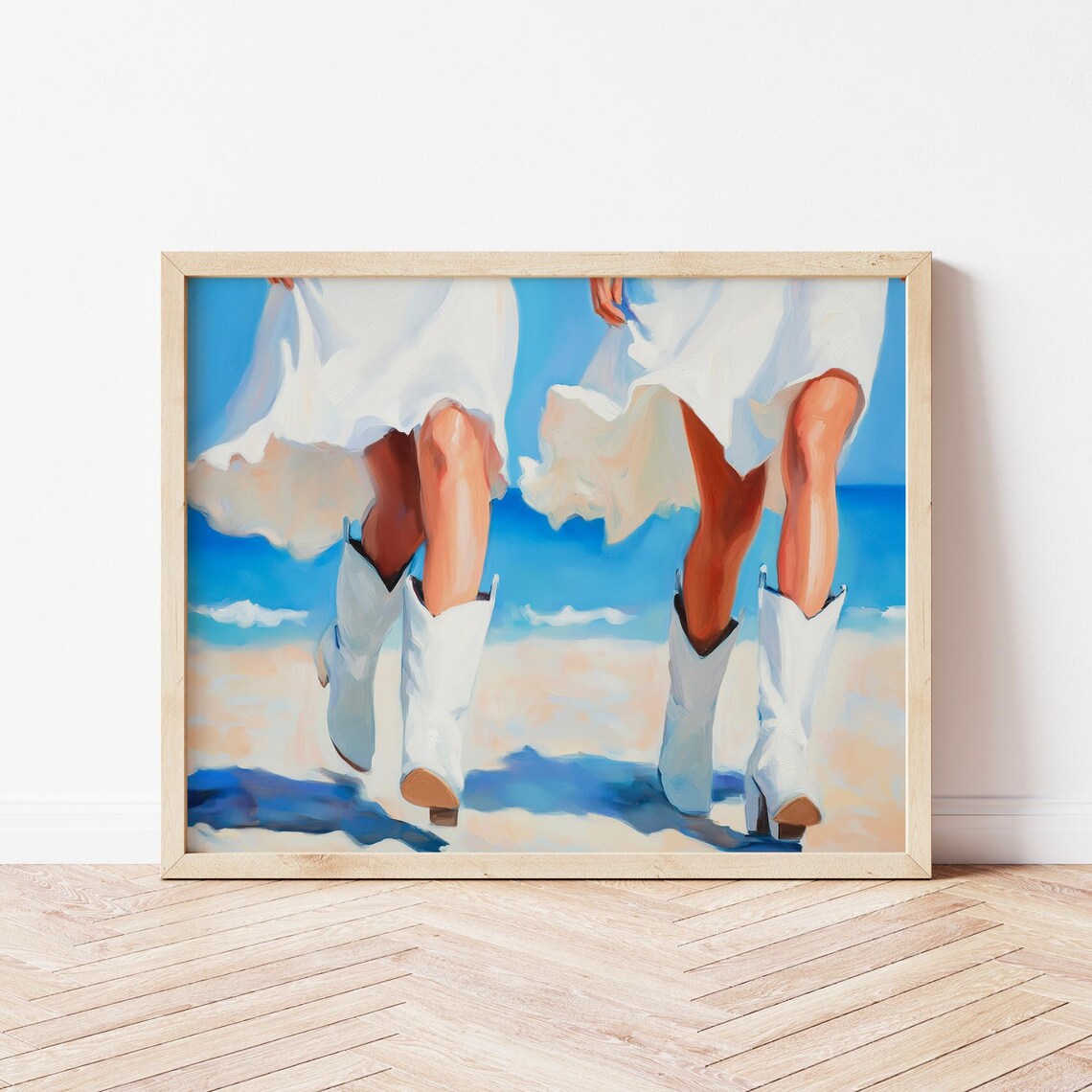 Women in White Cowboy Boots on Sandy Beach Coastal Western Wall Art - Image 3