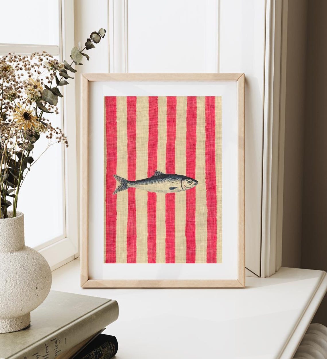 Classic Dark Sardine on Bold Red Cream Stripes Vintage Fish Art Poster - Image 2