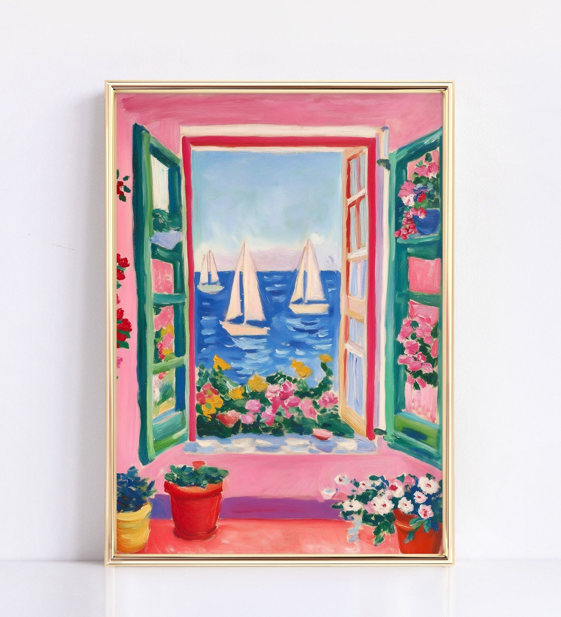 Matisse Style Open Window with Sailboats Pink Coastal Wall Art - Image 2