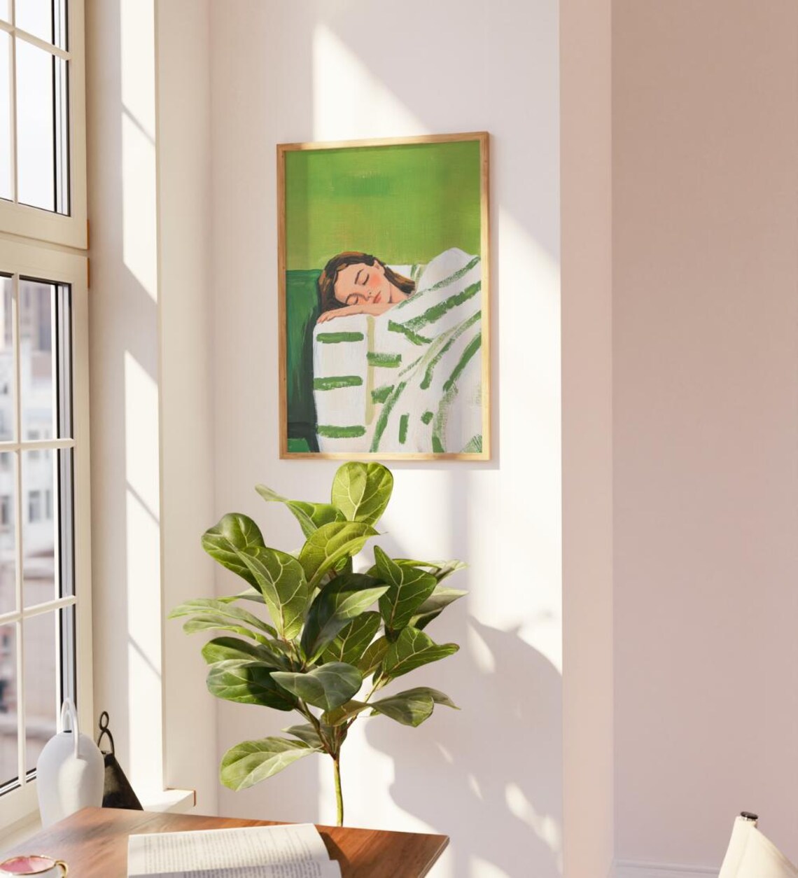 Emerald Green Sleeping Woman Under Striped Blanket Wall Poster - Image 2