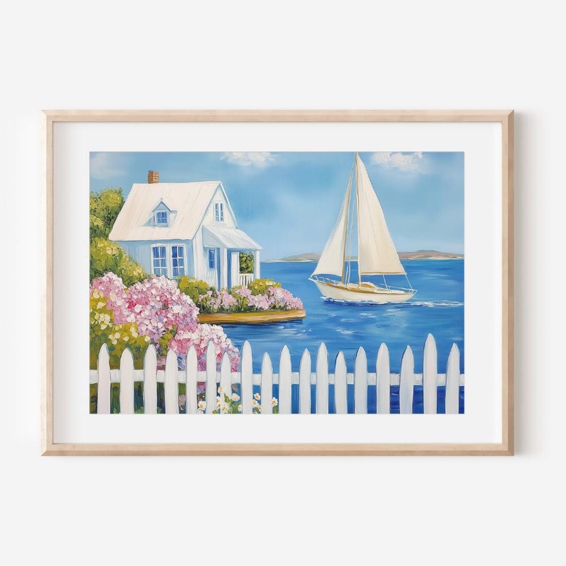 White Beach Cottage Painting Picket Fence Hydrangea Coastal Poster - Image 3