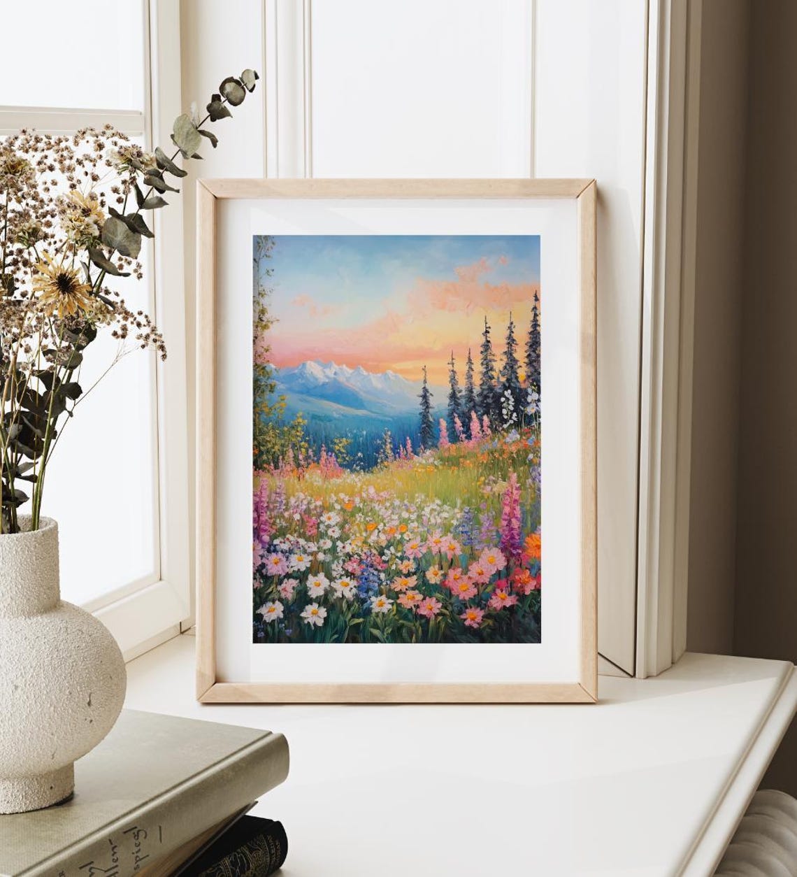 Wildflower Meadow Sunset Snowy Mountains Pine Forest Art Print - Image 3