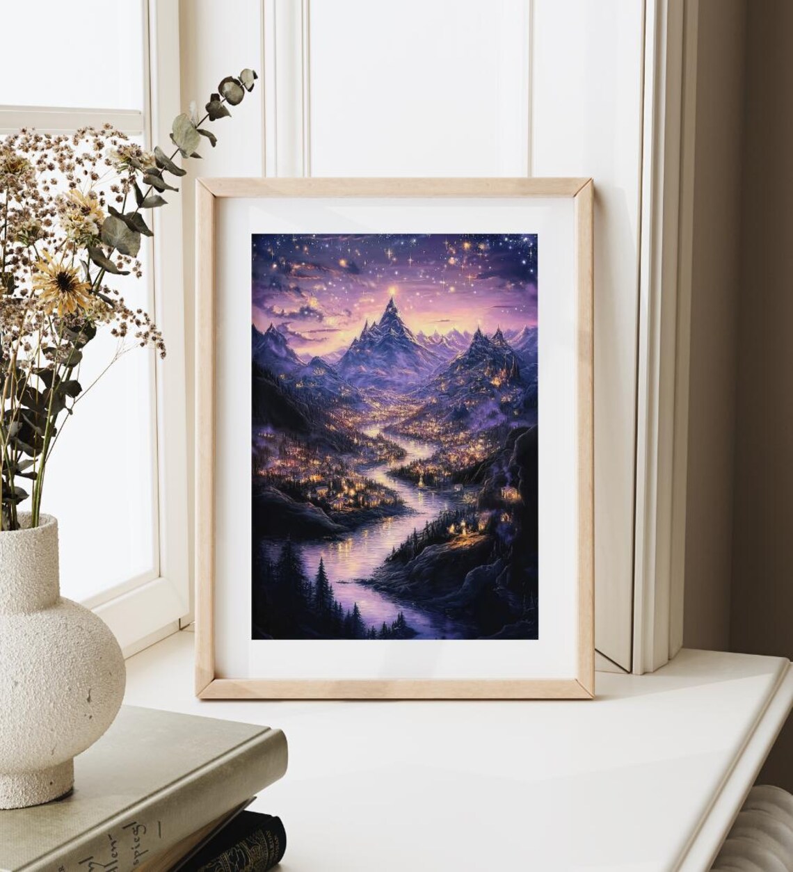 Starry Night Court Fantasy Mountain Valley River Lights Poster - Image 3