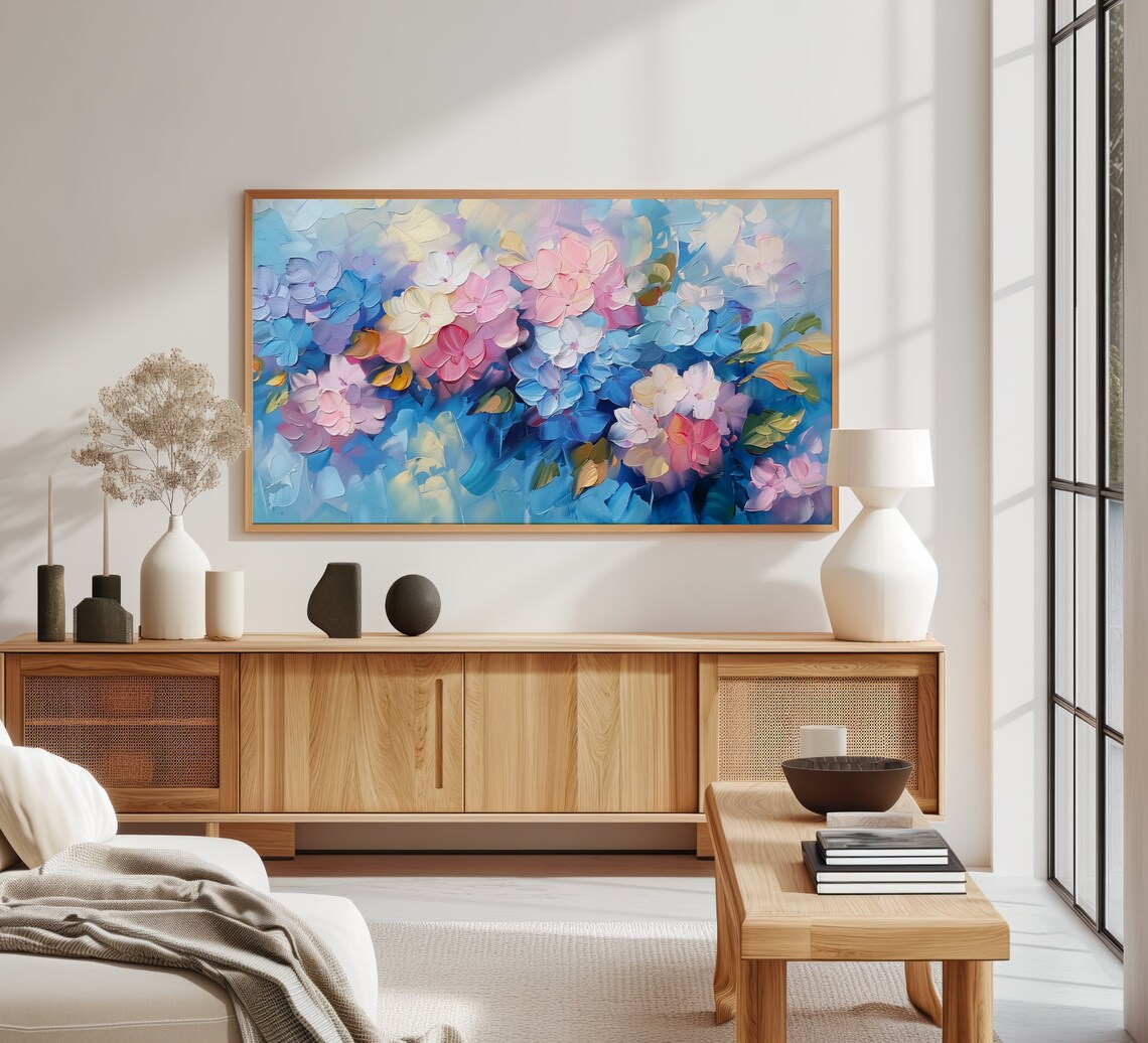 Pastel Hydrangea Abstract Impasto Floral Painting Soft Blue Pink Poster - Image 3