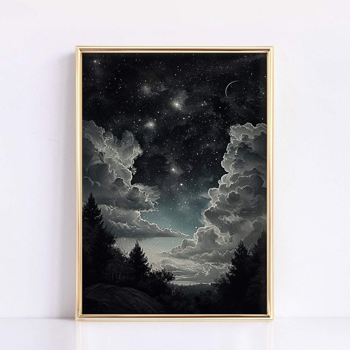 Monochrome Starry Night Crescent Moon Over Dark Forest Art Poster - Image 3