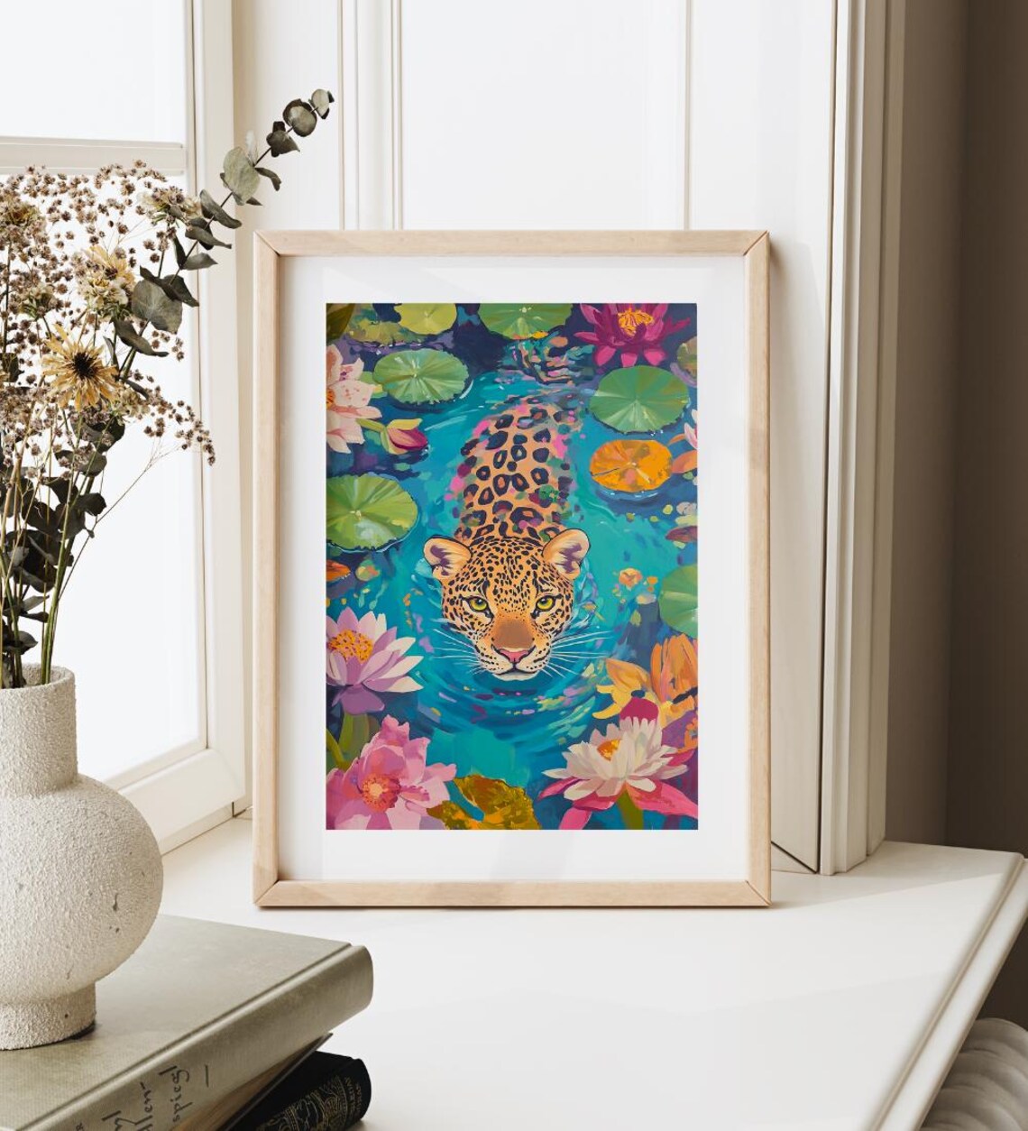 Leopard Swimming Among Water Lilies Tropical Painting Poster - Image 3