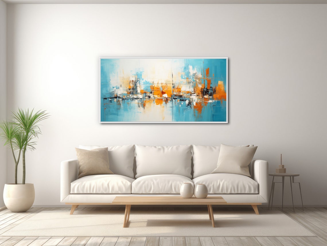 Blue Orange Panoramic Abstract Cityscape Reflection Modern Wall Art - Image 3