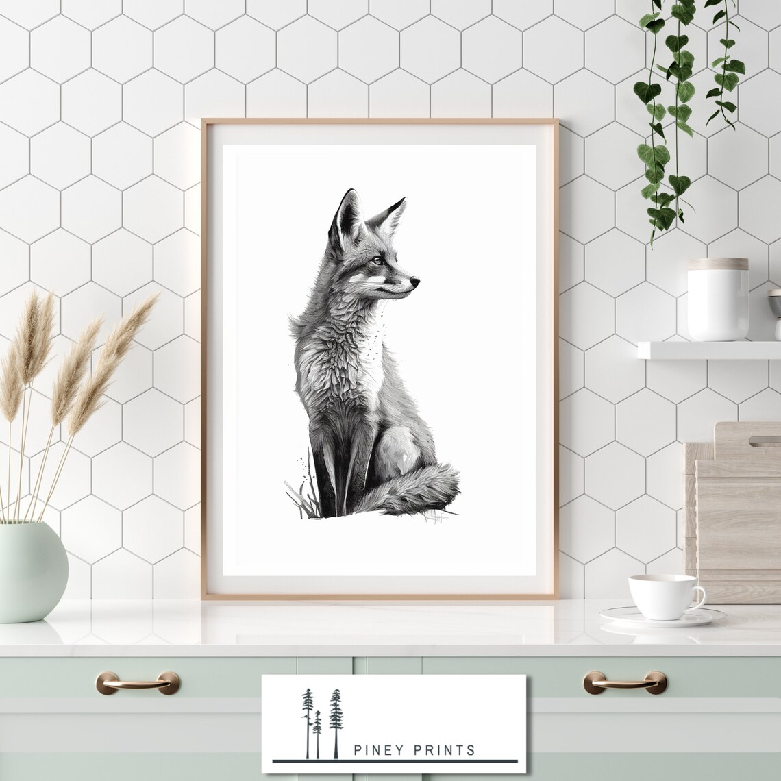 Red Fox Black White Pencil Sketch Wildlife Portrait Art Poster - Image 4