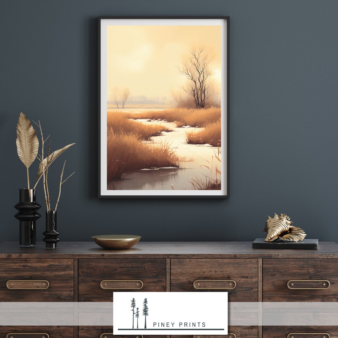 Golden Creek Winding Through Prairie Grass Warm Sunset Landscape Painting Poster - Image 3