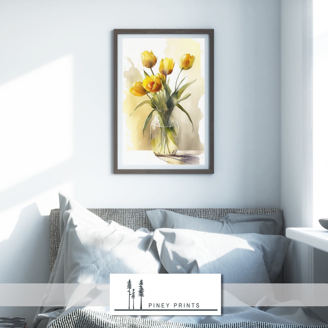 Yellow Tulips Glass Vase Watercolor Sunny Floral Bouquet Wall Poster - Image 2