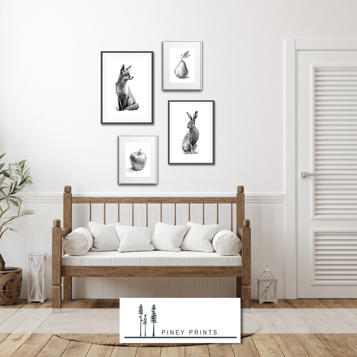 Set Of 4 Black White Sketches Fox Rabbit Pear Apple Wall Art