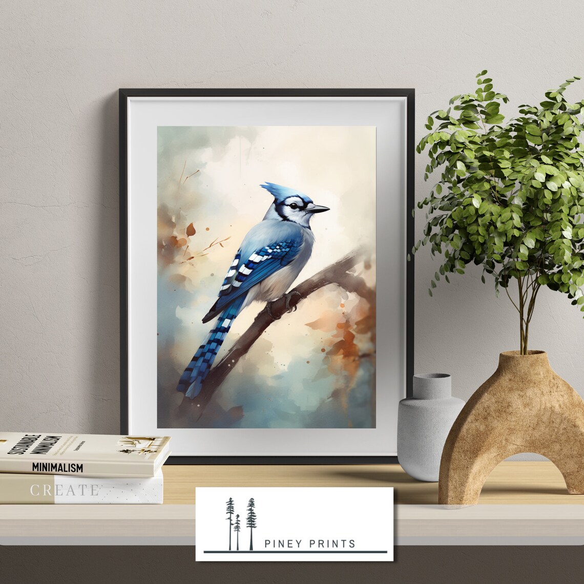 Blue Jay Perched On Branch Watercolor Songbird Painting Art Poster - Image 2