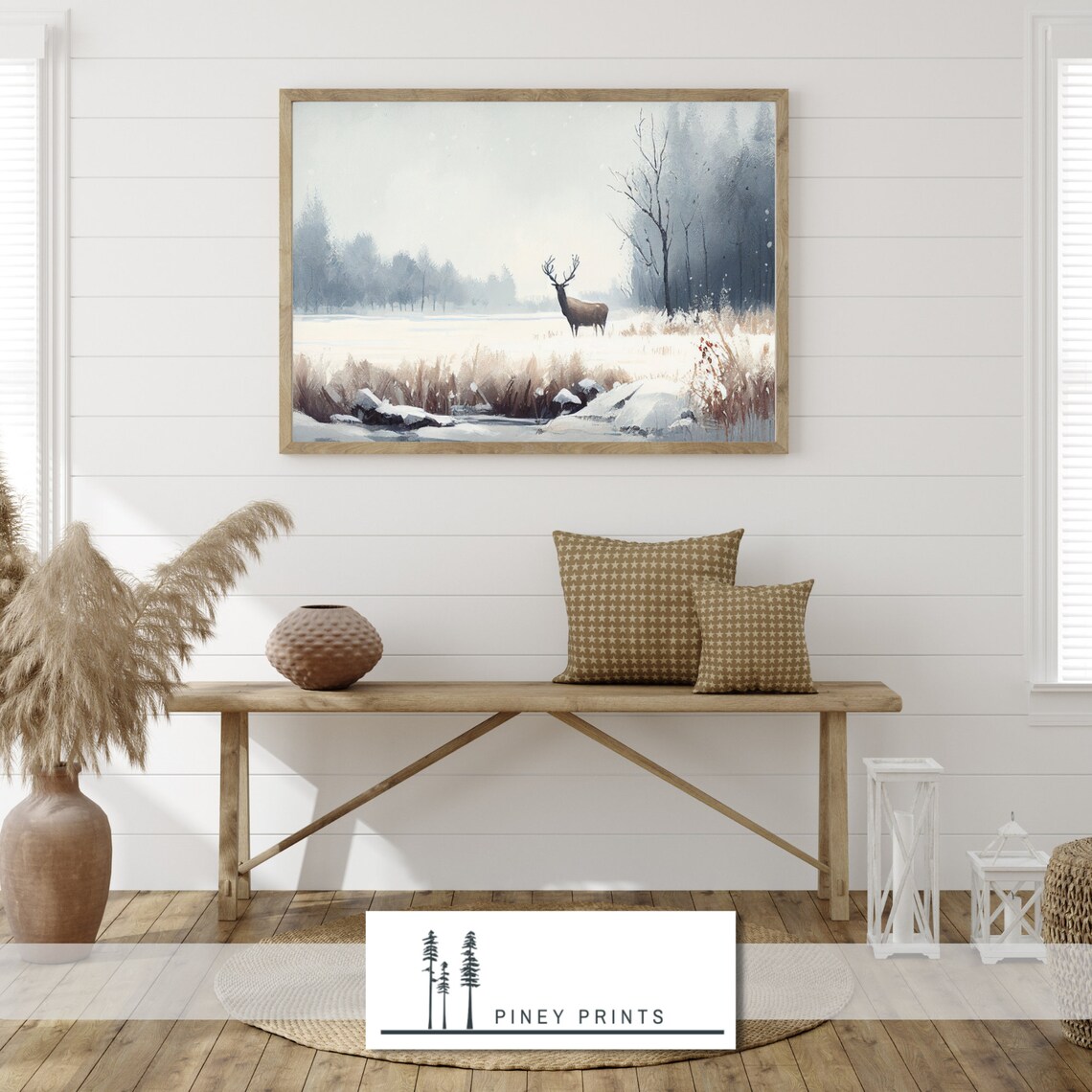Deer in Snowy Meadow Winter Wildlife Landscape Impressionist Painting Poster - Image 4