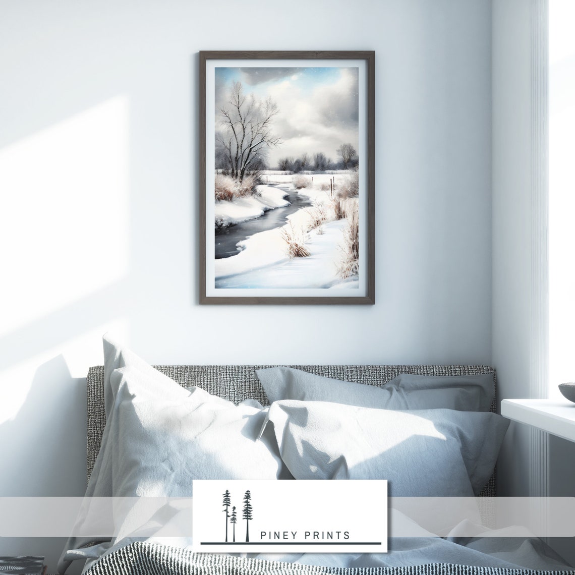 Snowy Winter Creek Winding Stream Snowfield Watercolor Art Poster