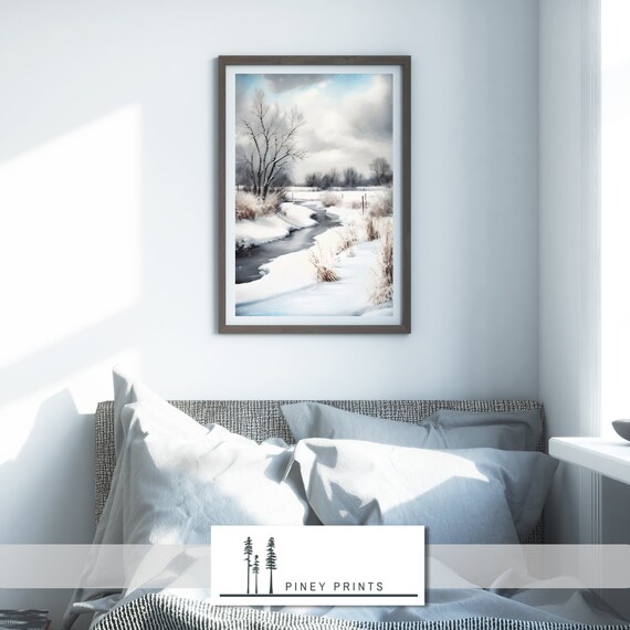 Snowy Winter Creek Winding Stream Snowfield Watercolor Art Poster