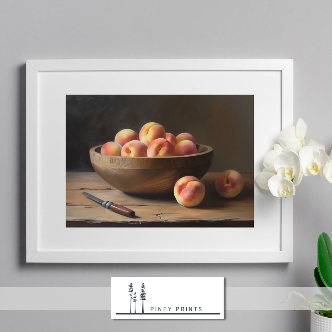 Wooden Bowl Of Peaches Vintage Still Life Oil Painting Kitchen Poster - Image 2