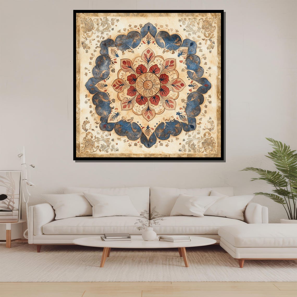 Vintage Mandala Floral Mandala Wall Art Beige And Blue Art Print Rustic Home Decor Islamic Geometric Pattern Boho Wall Gift - Image 2