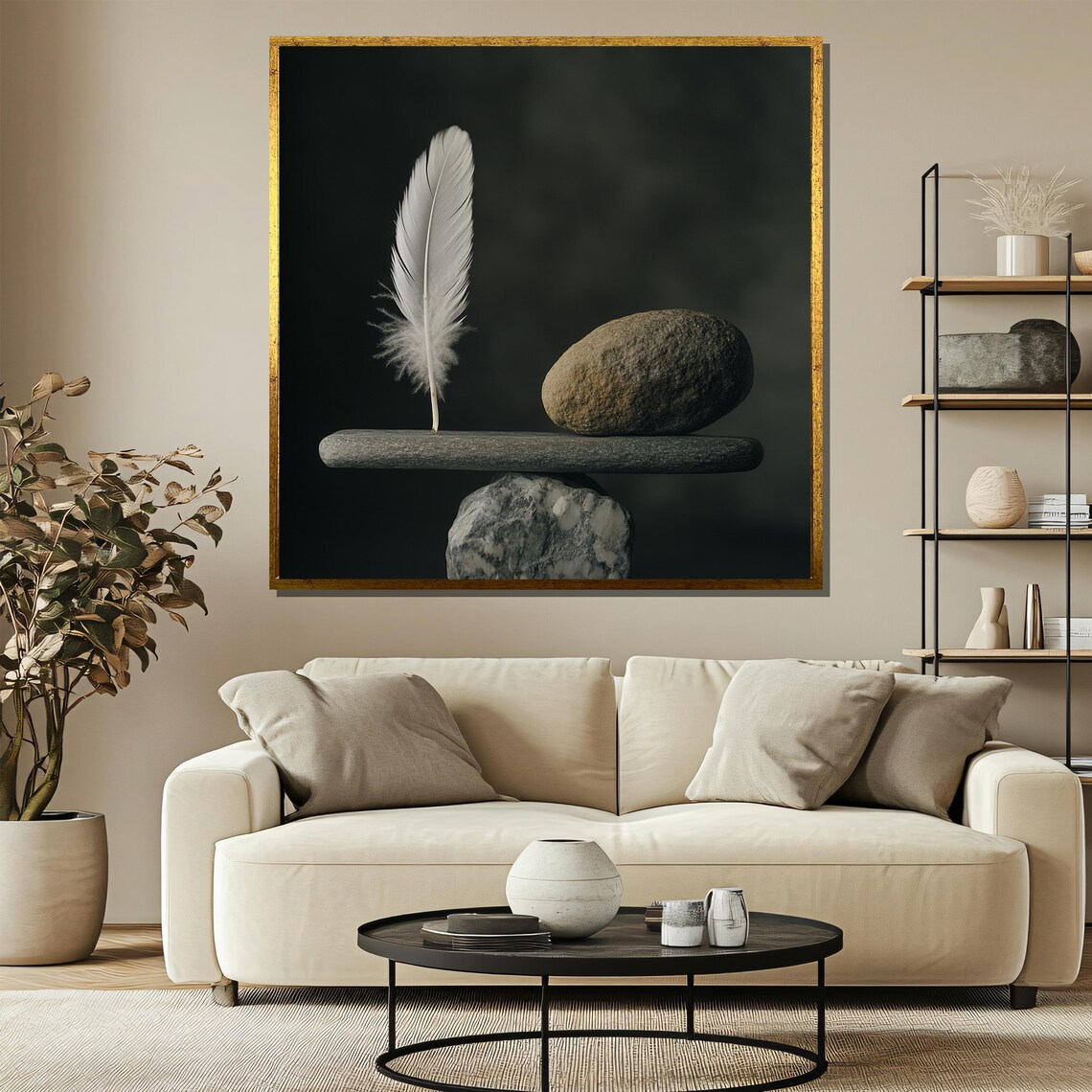 Balancing Stones with White Feather Zen Minimalist Art Poster - Image 3