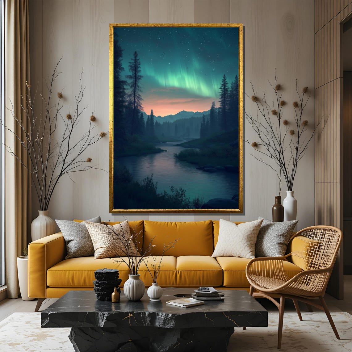 Northern Lights River Painting Mystical Night Sky Wall Art Dreamy Forest Landscape Print Celestial Nature Scene Large Home Gift - Image 3