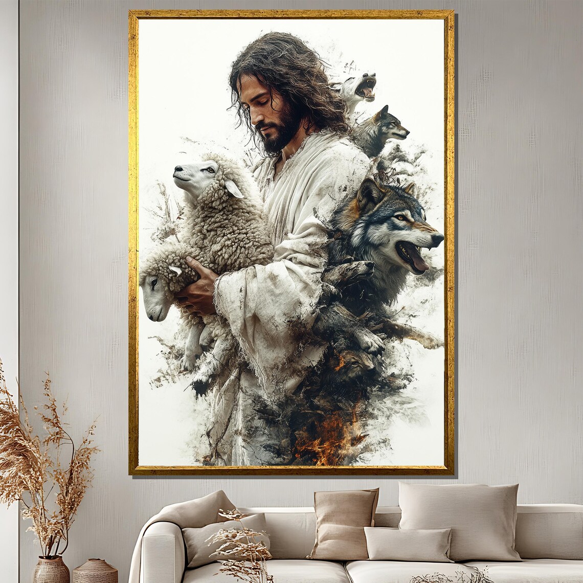 Jesus Protecting The Lamb, Spiritual Religious Art Print