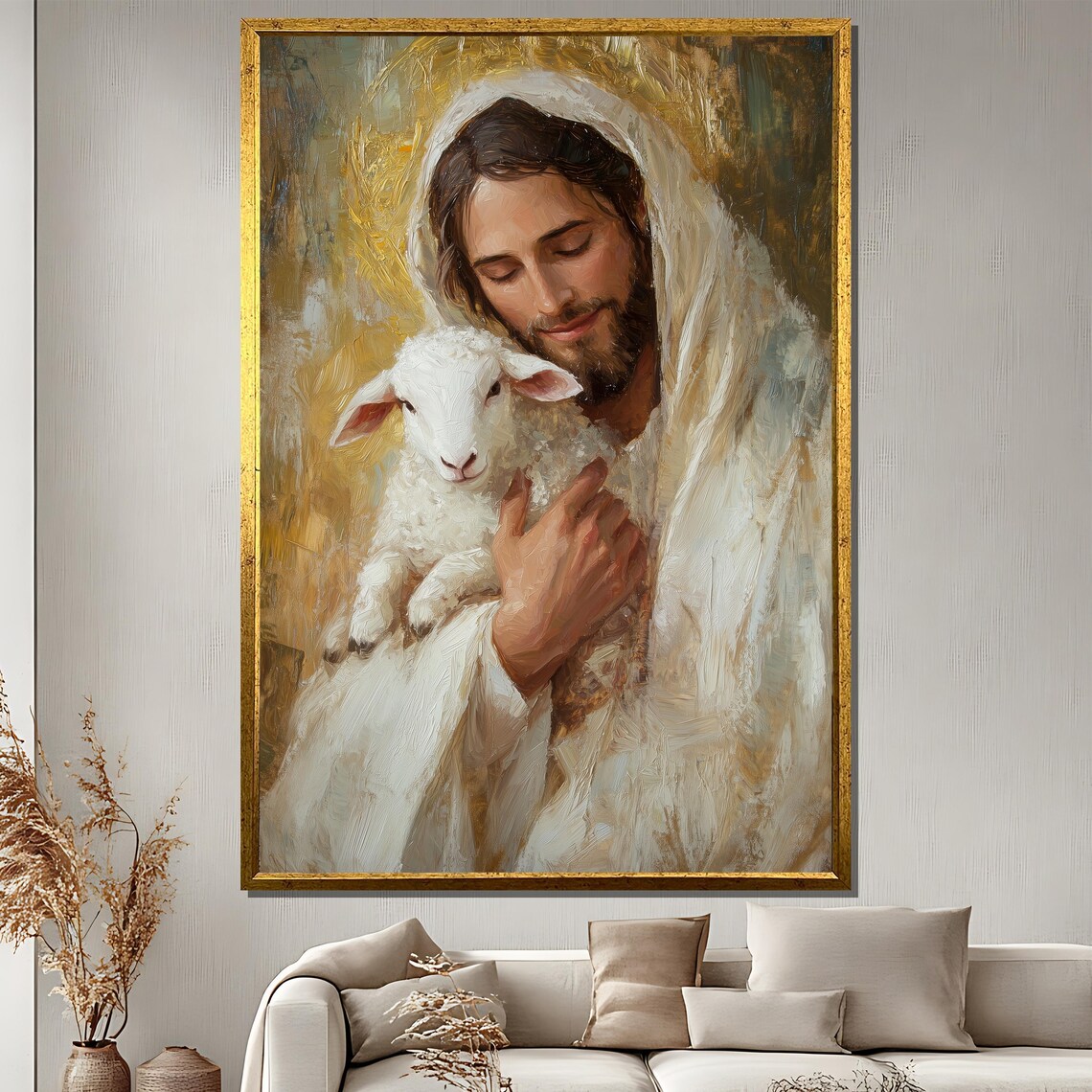 Jesus Holding Lamb Painting, Christian Religious Art