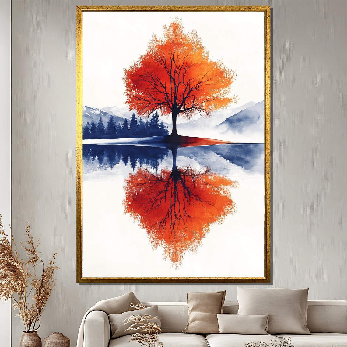Red Tree Reflection Painting, Autumn Lake Landscape