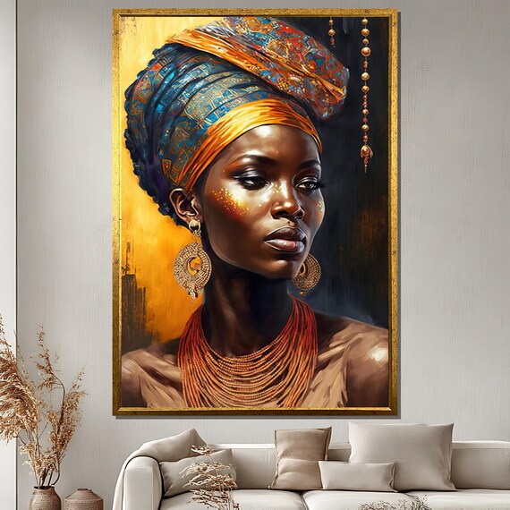 Elegant African Woman Painting Cultural Portrait Art Modern Wall Decor Beautiful Headwrap Gift For Her Stunning Home Artwork
