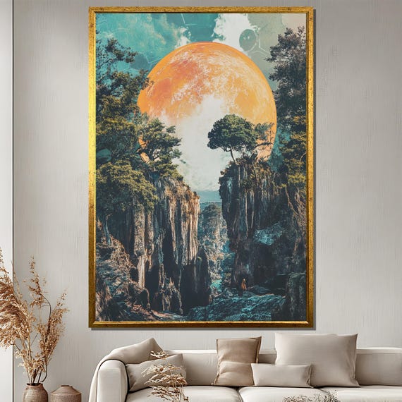 Surreal Moon Landscape Painting Fantasy Nature Art Cosmic Wall Decor Mystical Gift For Home And Office