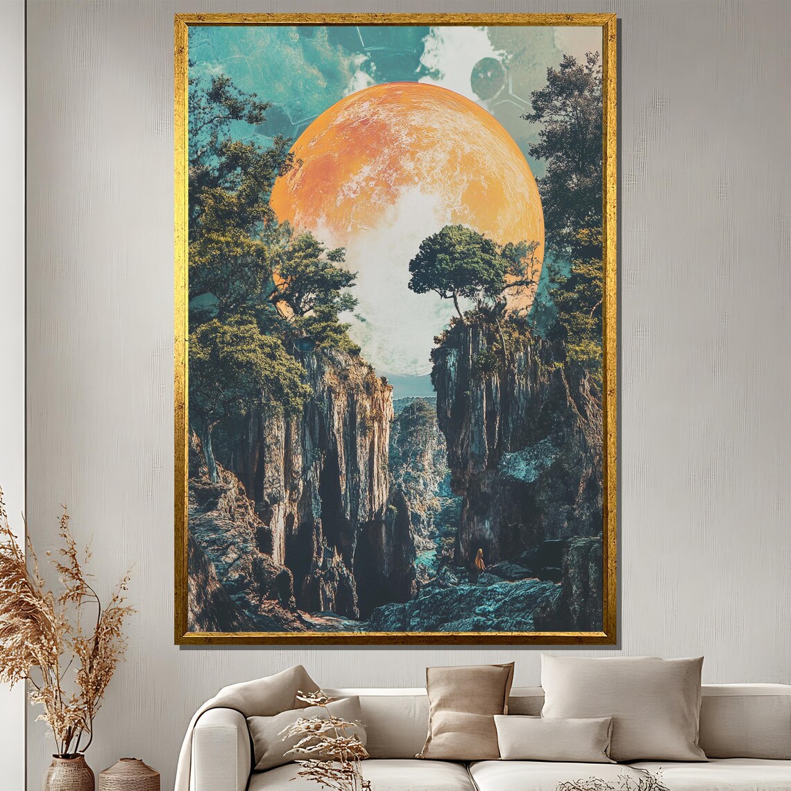 Giant Orange Moon Rising Between Canyon Cliffs Surreal Landscape Poster