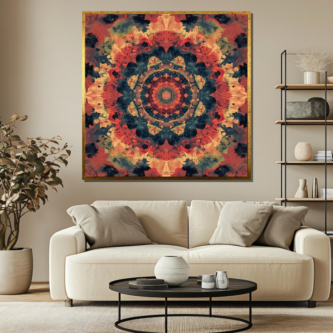 Distressed Orange and Navy Boho Mandala Vintage Style Art Print - Image 3
