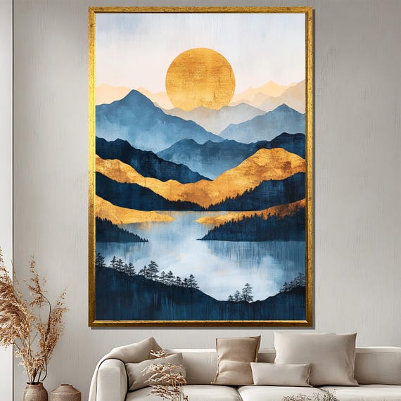 Golden Sunset Mountain Painting Blue And Gold Landscape Art Serene Nature Wall Decor Minimalist Home Gift