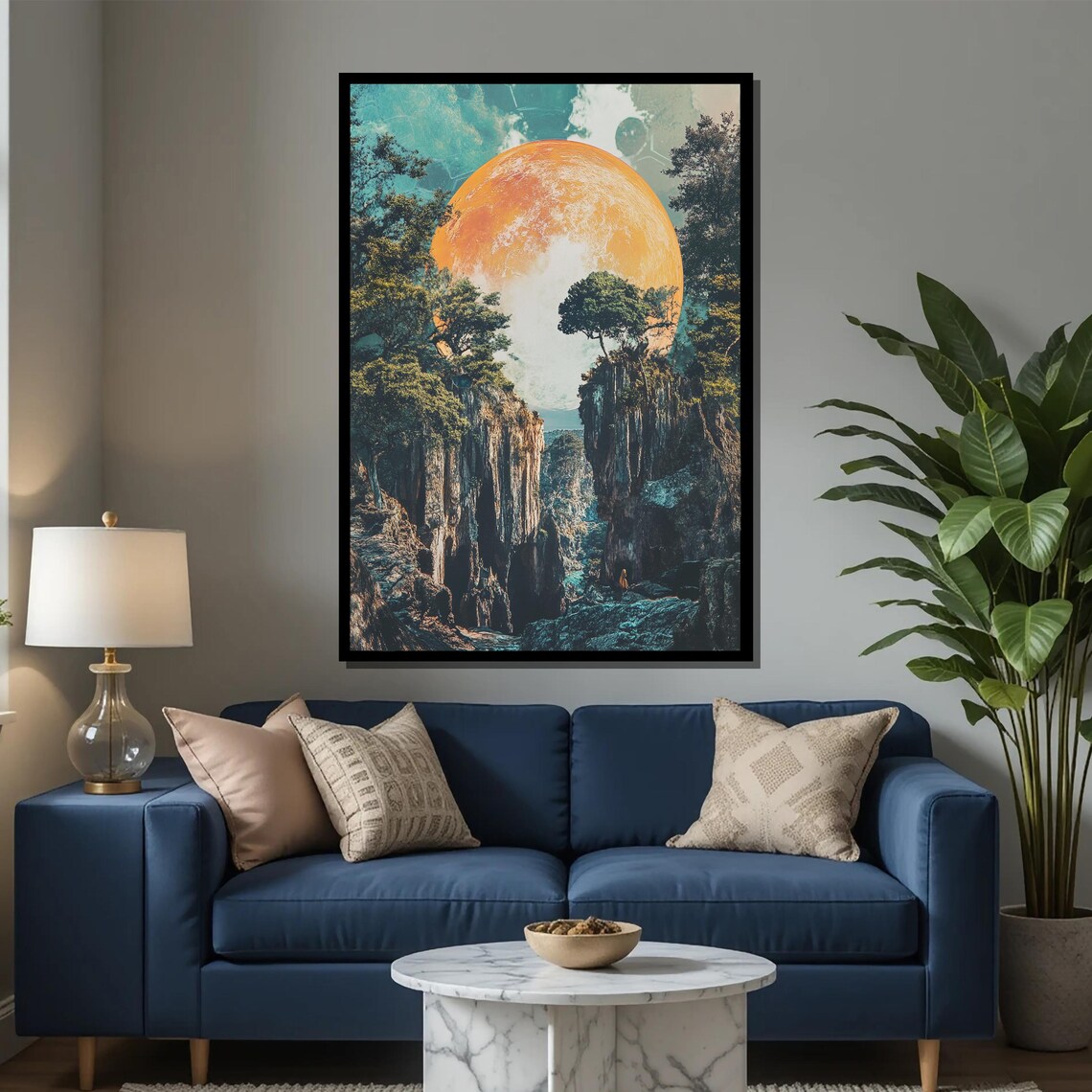 Giant Orange Moon Rising Between Canyon Cliffs Surreal Landscape Poster - Image 2