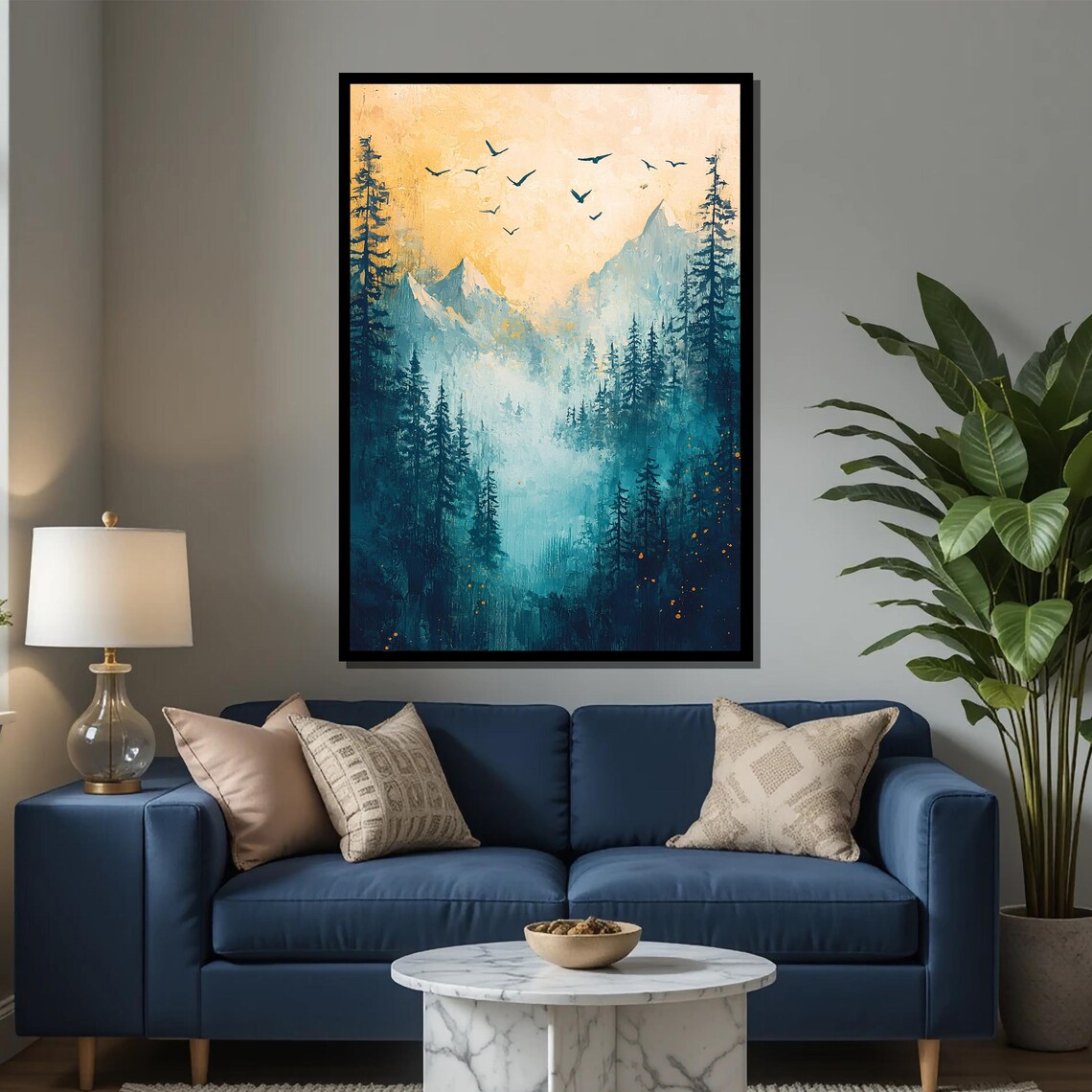 Misty Mountain and Birds Painting, Nature Print - Image 2