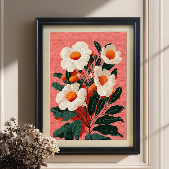 White Flowers With Orange Centers Linocut On Coral Art Poster