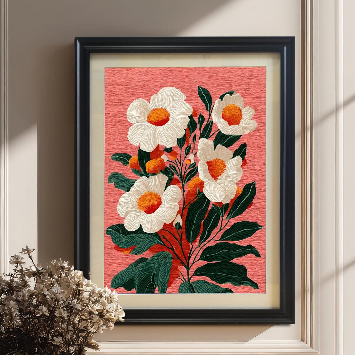 White Flowers With Orange Centers Linocut On Coral Art Poster