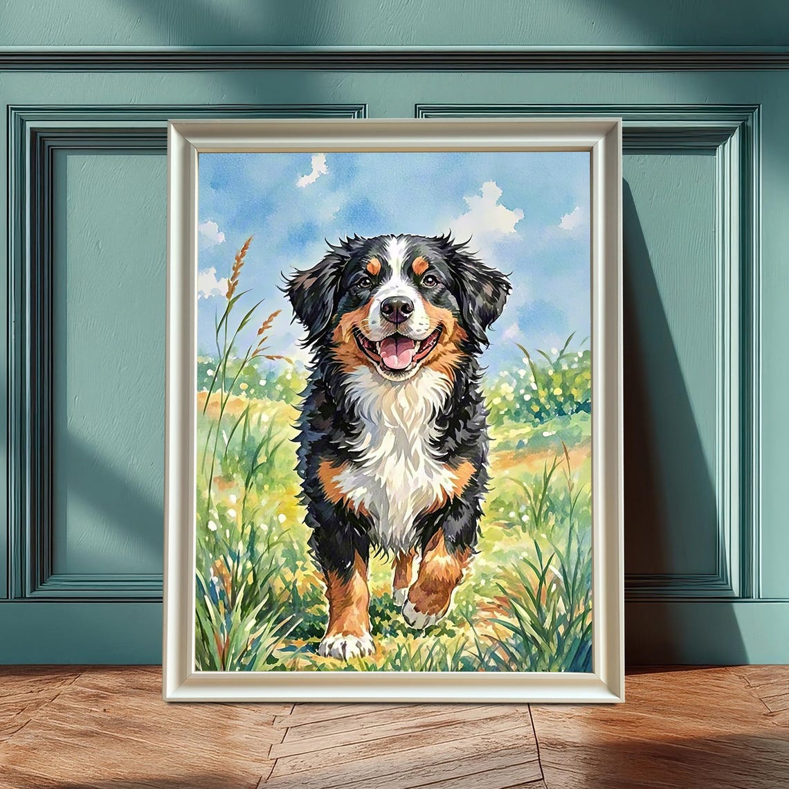 Bernese Mountain Dog Running Through Sunny Meadow Watercolor Poster