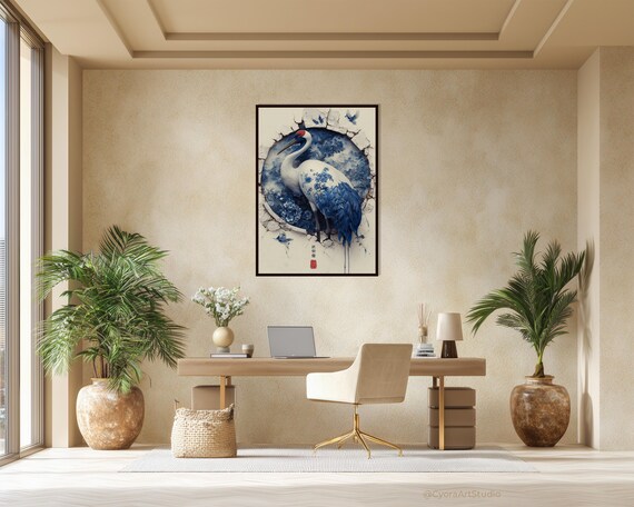 Wall Art Blue Heron Asian Vintage Style Elegant Nature Poster Artwork Instant