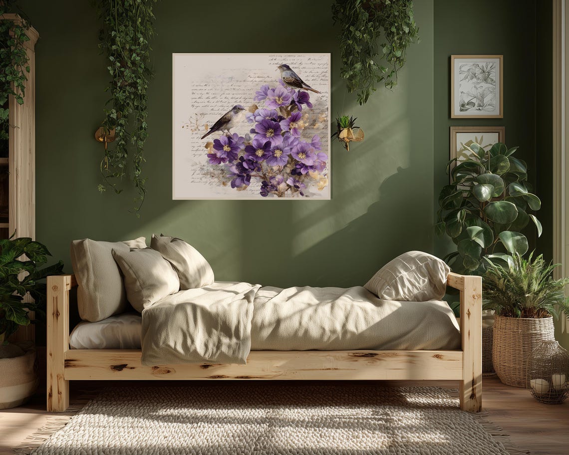 Songbirds on Purple Blossoms Vintage Botanical Nature Poster