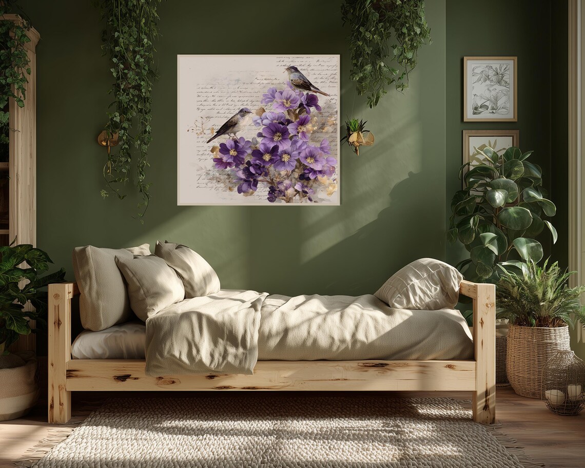 Wall Art Birds Flowers Purple Blossoms Vintage Style Romantic Nature Poster Artwork Instant