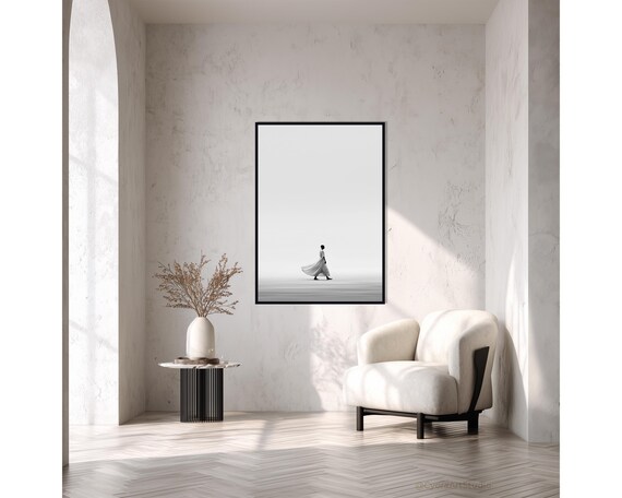 Minimalist Black And White Photography Art Print Elegant Man In Flowing Robe Modern Wall Decor Instant