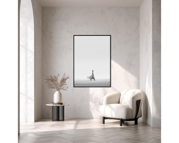 Minimalist Black White Woman Walking Beach Dress Photography Poster