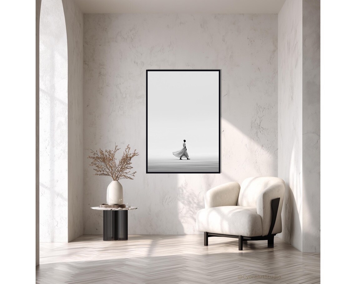Minimalist Black White Woman Walking Beach Dress Photography Poster