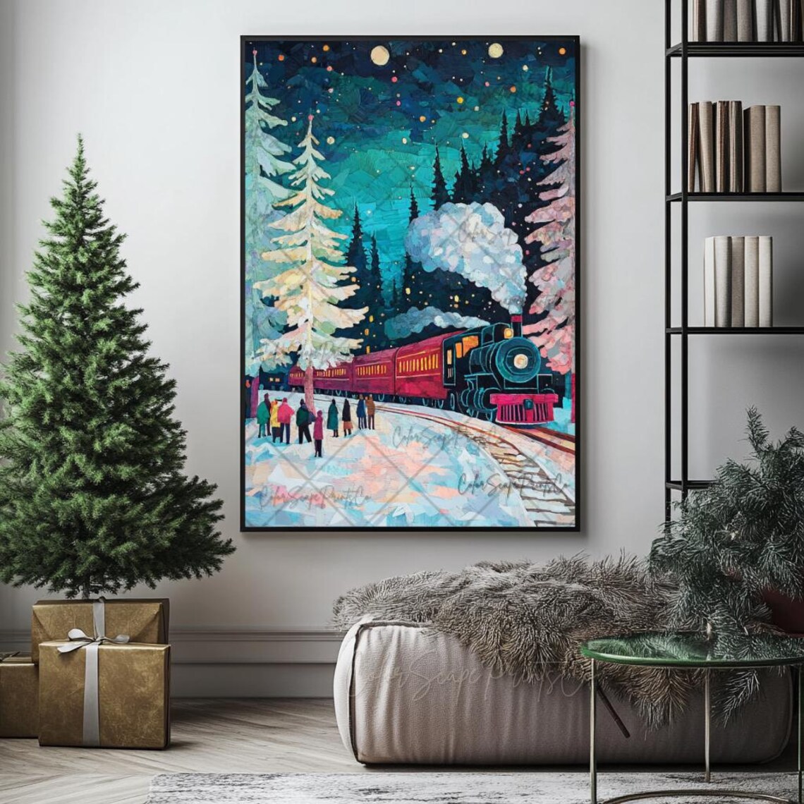 Christmas Train Snowy Station Mosaic Night Holiday Art Poster - Image 4