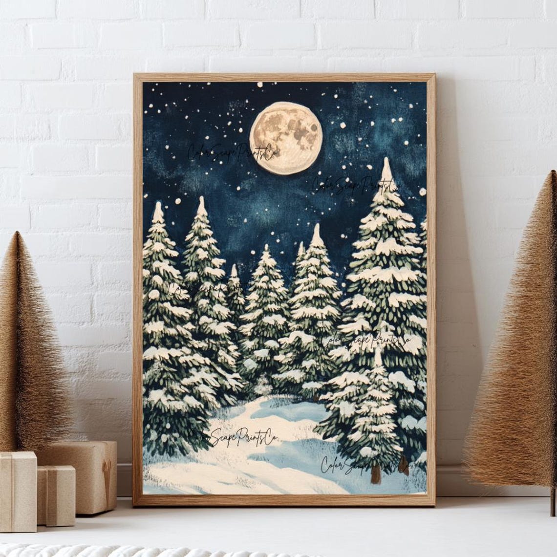 Snowy Evergreen Forest Under Full Moon Starry Night Painting Poster - Image 3