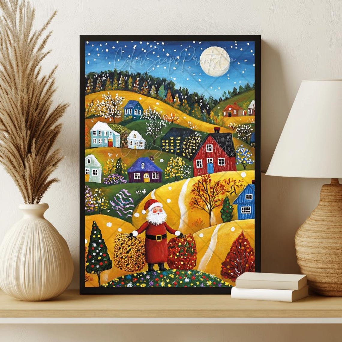 Santa Claus In Christmas Village Painting Colorful Christmas Print Starry Night Snowy Landscape Art Winter Village Print Red Green Christmas - Image 2