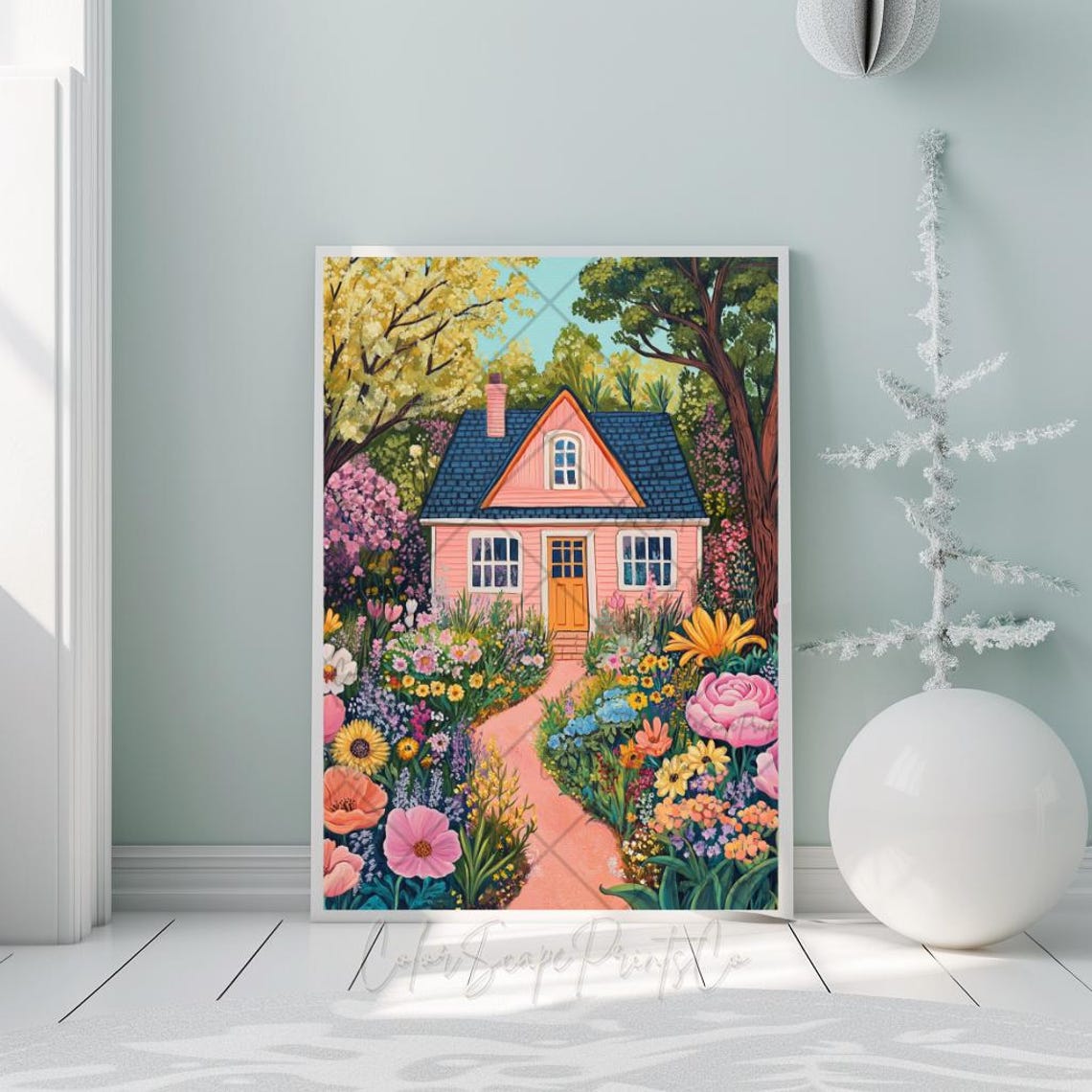 Pink Cottage Flower Garden Path Whimsical Floral House Poster - Image 2