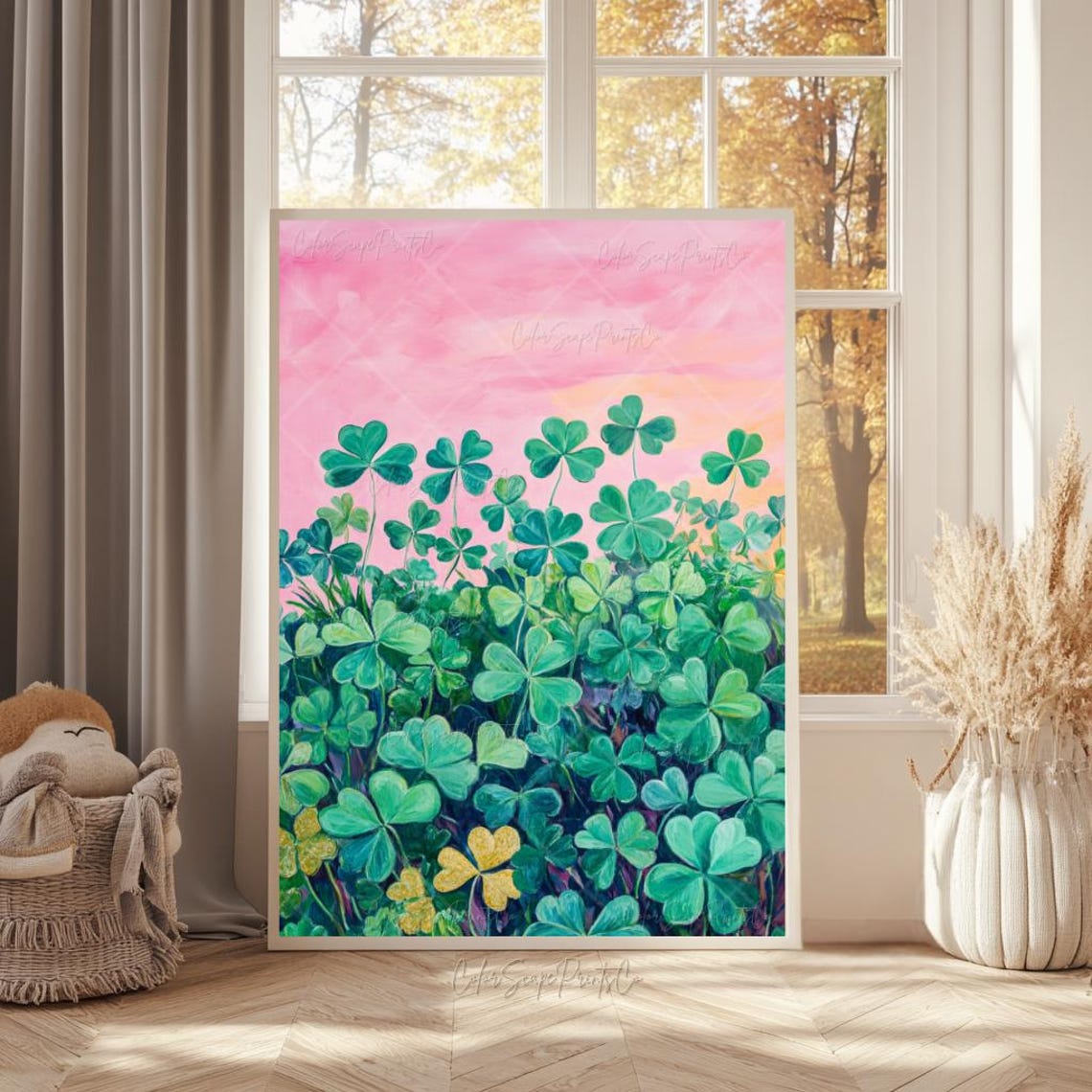 Shamrock Clover Field Painting Pink Sky Gold Lucky Green Wall Art - Image 3