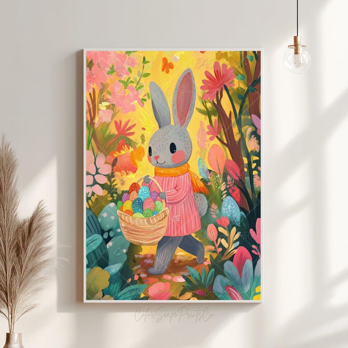 Cute Easter Bunny With Egg Painting Easter Bunny Print Colorful Spring Garden Print Easter Nursery Wall Art Rabbit Painting Spring Landscape - Image 4