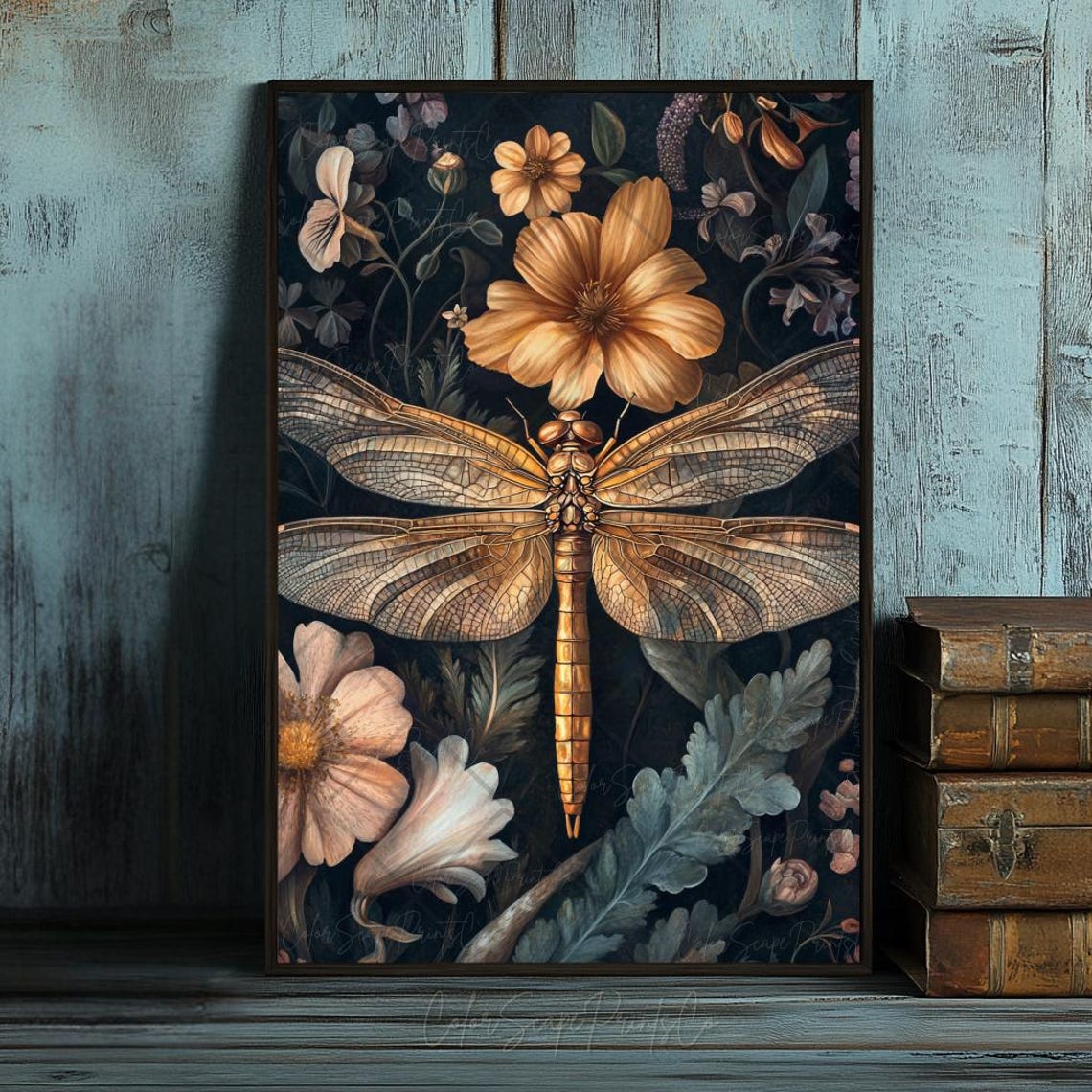 Golden Dragonfly William Morris Style Dark Floral Poster Art - Image 4