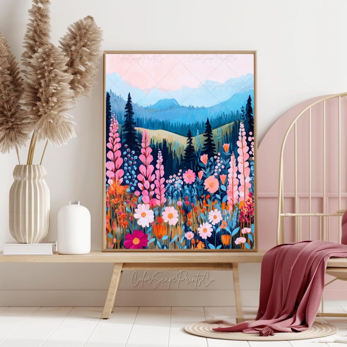 Abstract Mountain Painting, Wildflower Landscape Art Print - Image 2